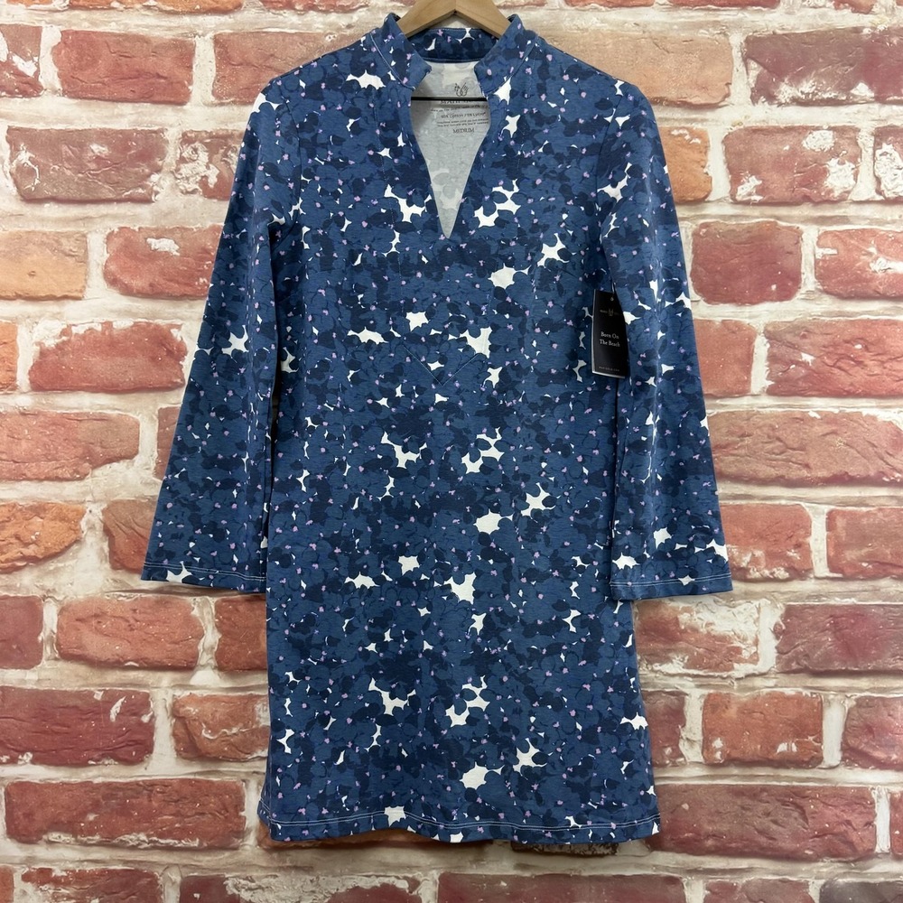 Mahi Gold Beach Blossom Tunic Dress Women's M Blue Floral Stretchy Casual Resort